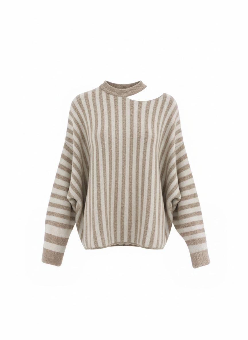 Vooraanzicht van de Fashion Chastar trui in Beige met streepdessin en gebreide band bij de hals