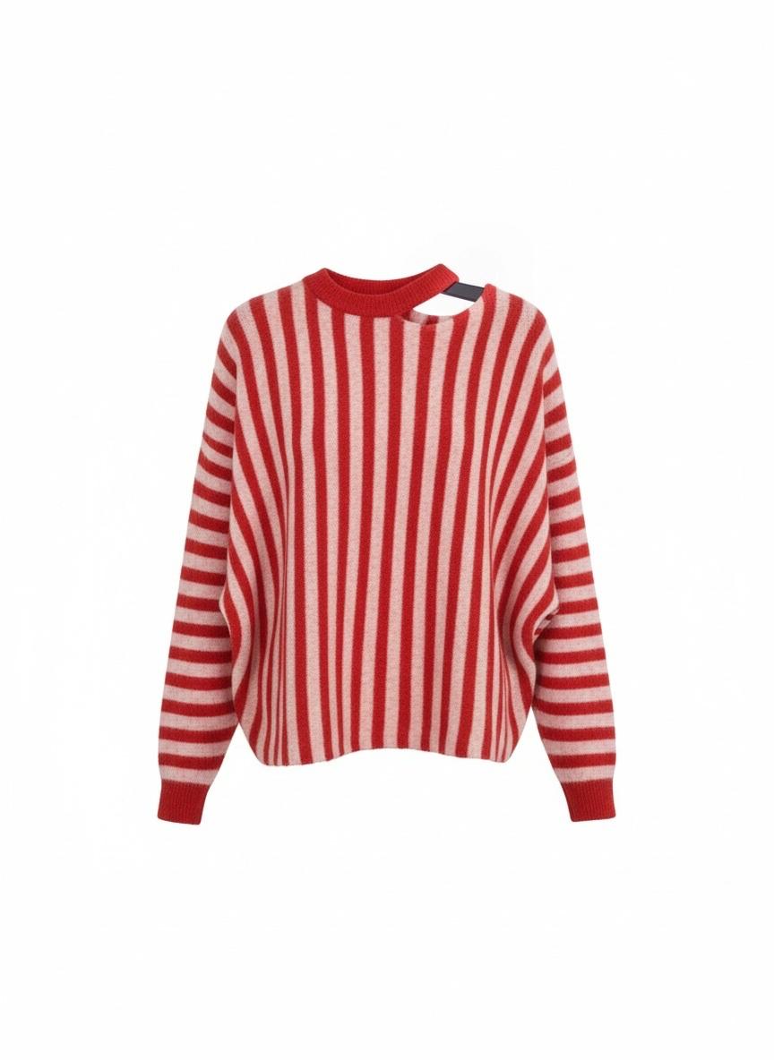 Fashion Chastar trui in Rood met lichte contraststrepen, gebreide halsband en mouwboorden, vooraanzicht