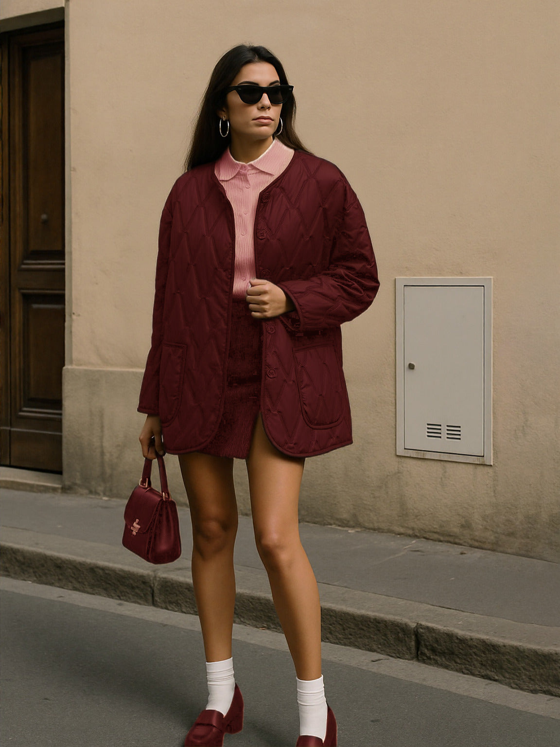 Chastar Tussenjas Adeline in Bordeaux op een model, met ruitstiksels, knoopsluiting en opgestikte zakken