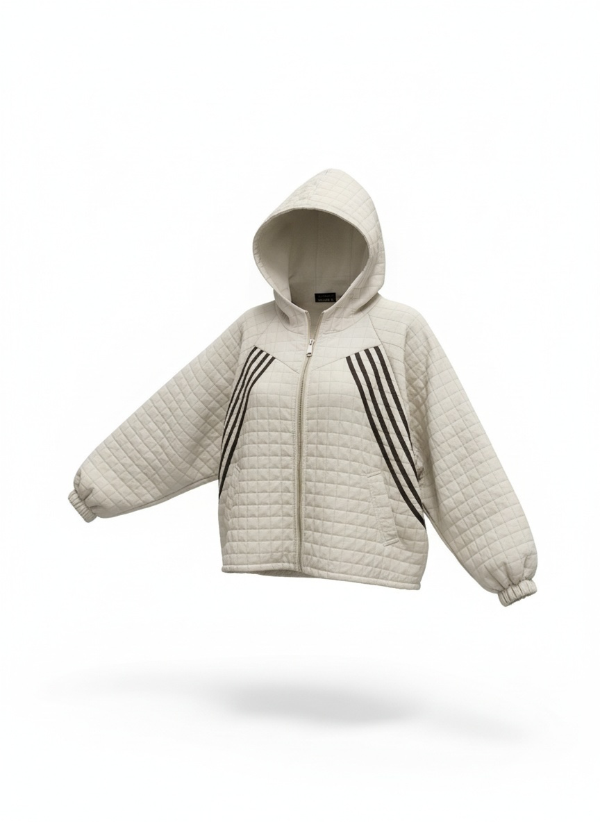 Chastar Tussenjas Livia in beige met doorgestikt dessin, capuchon, ritssluiting en contraststrepen, vooraanzicht.