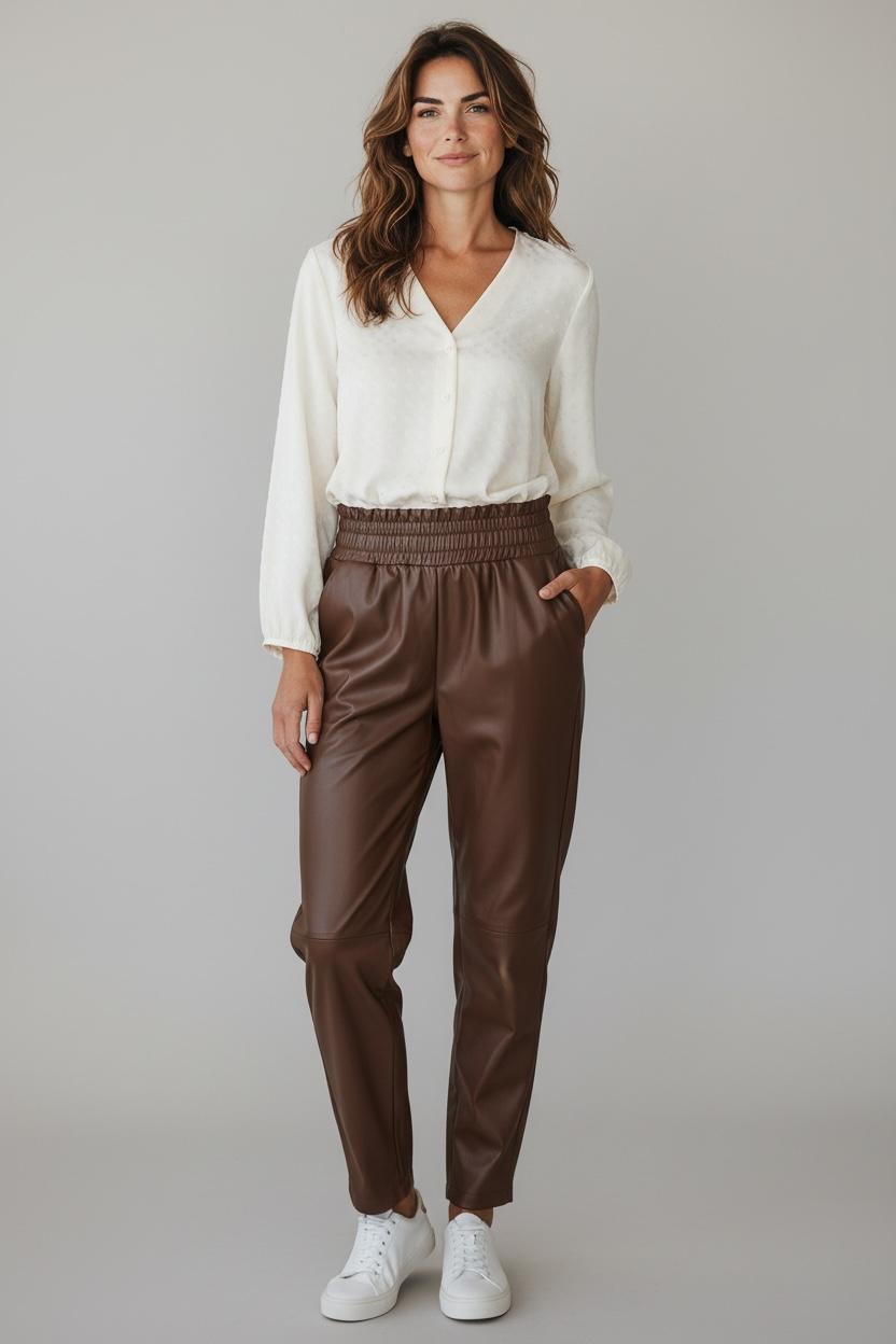 Chastar Uni Blouse in Beige met V-hals en knopen aan de voorzijde, vooraanzicht op een model
