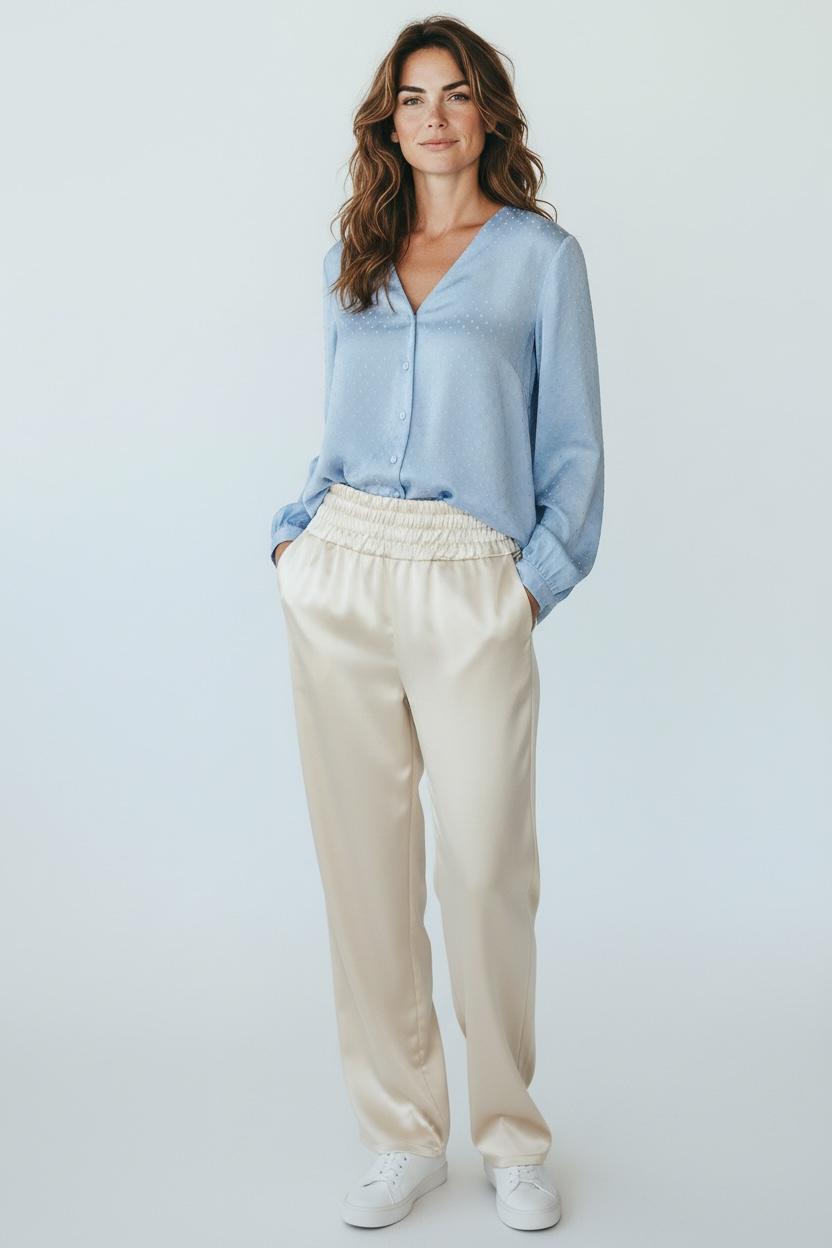 Chastar Uni Blouse in Lichtblauw met lange mouwen en V-hals, schuin vooraanzicht op een model