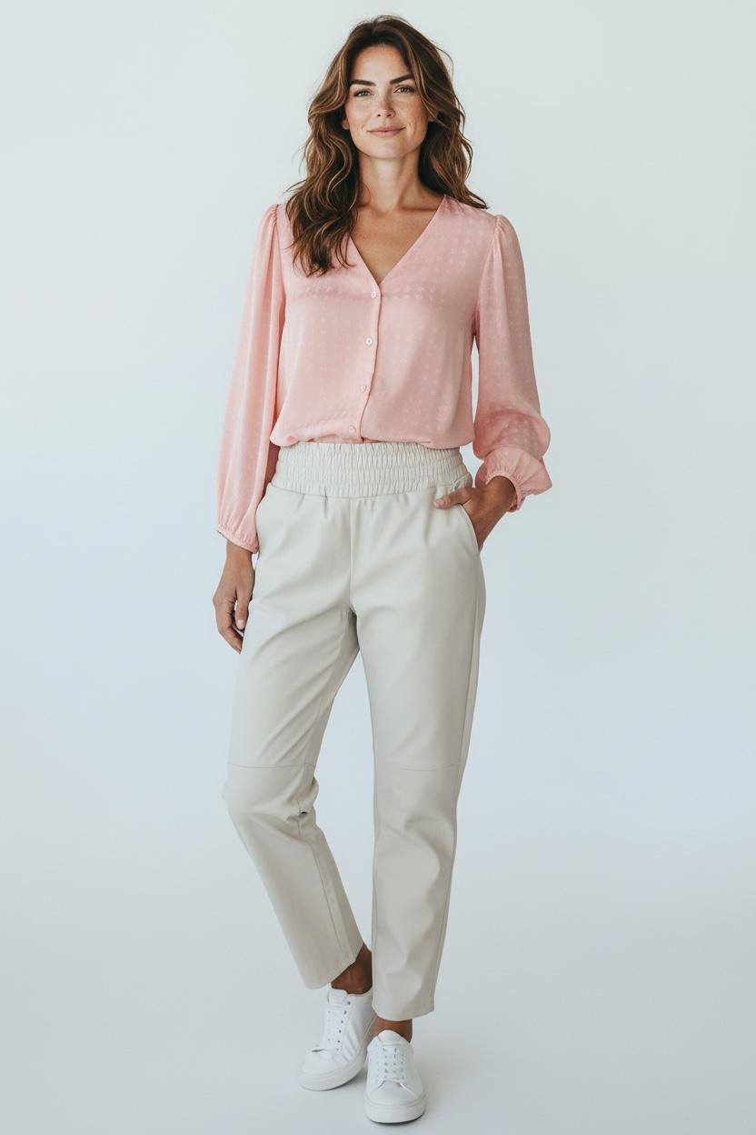 Chastar Uni Blouse in Lichtroze met lange mouwen en gerimpelde mouwranden, vooraanzicht op een model
