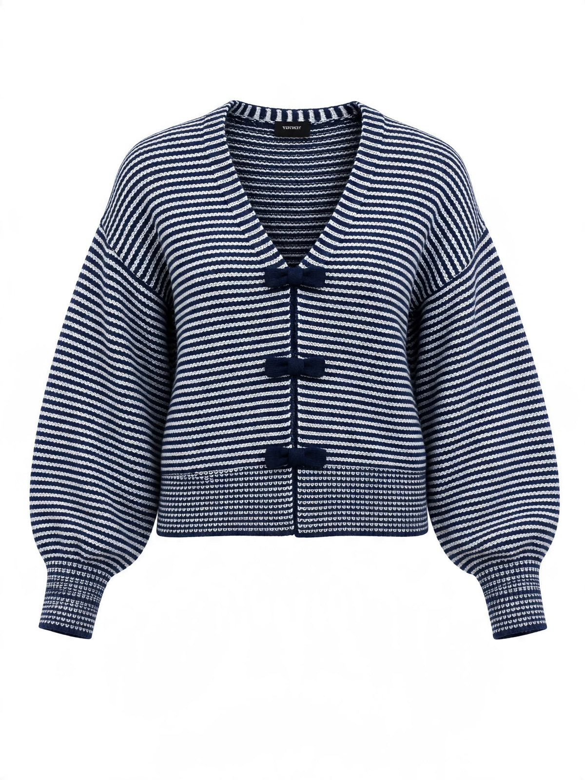 Chastar vest in Donker Blauw met lichte strepen, lange mouwen en striksluiting, vooraanzicht