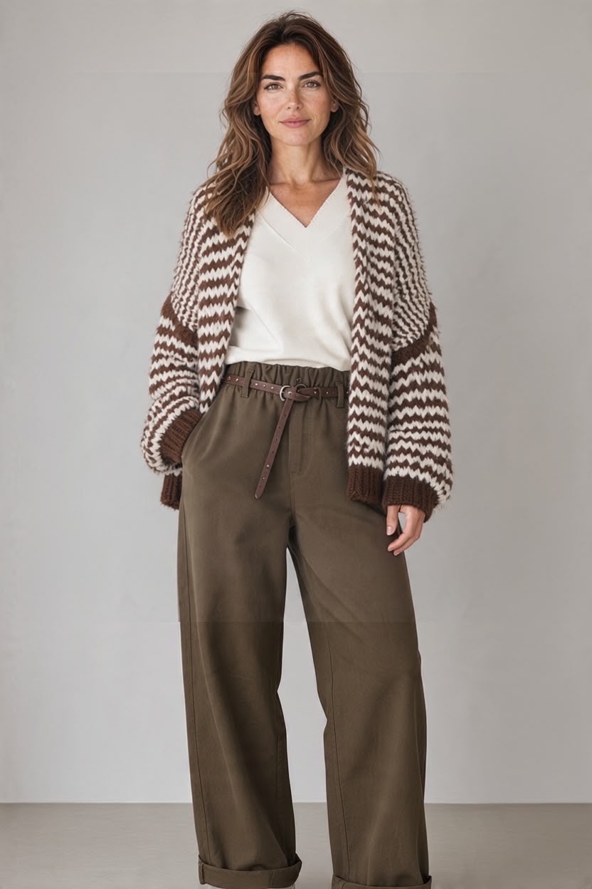 Chastar vest in Choco Bruin met contrasterende zigzagstrepen en lange mouwen, gedragen over een lichte top.