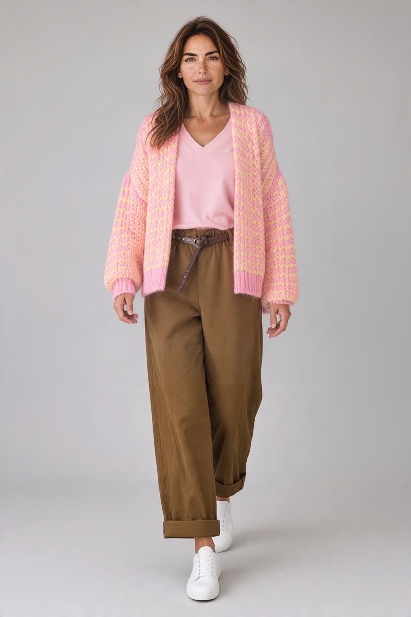 Roze Chastar vest met contrasterend zigzagpatroon, open voorkant en lange mouwen, op een model met een roze top.