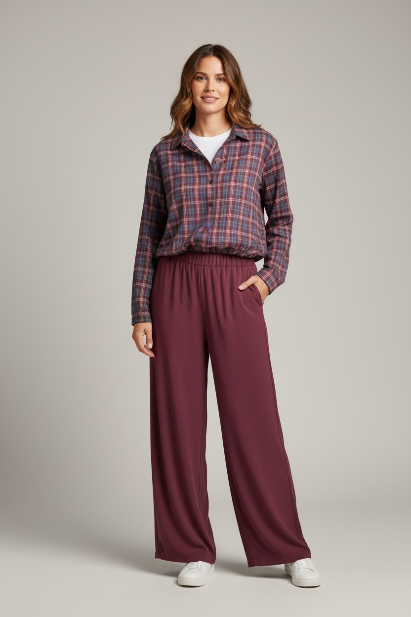 Chastar wijde pantalon in Bordeaux met elastische tailleband en steekzakken, gedragen door een model